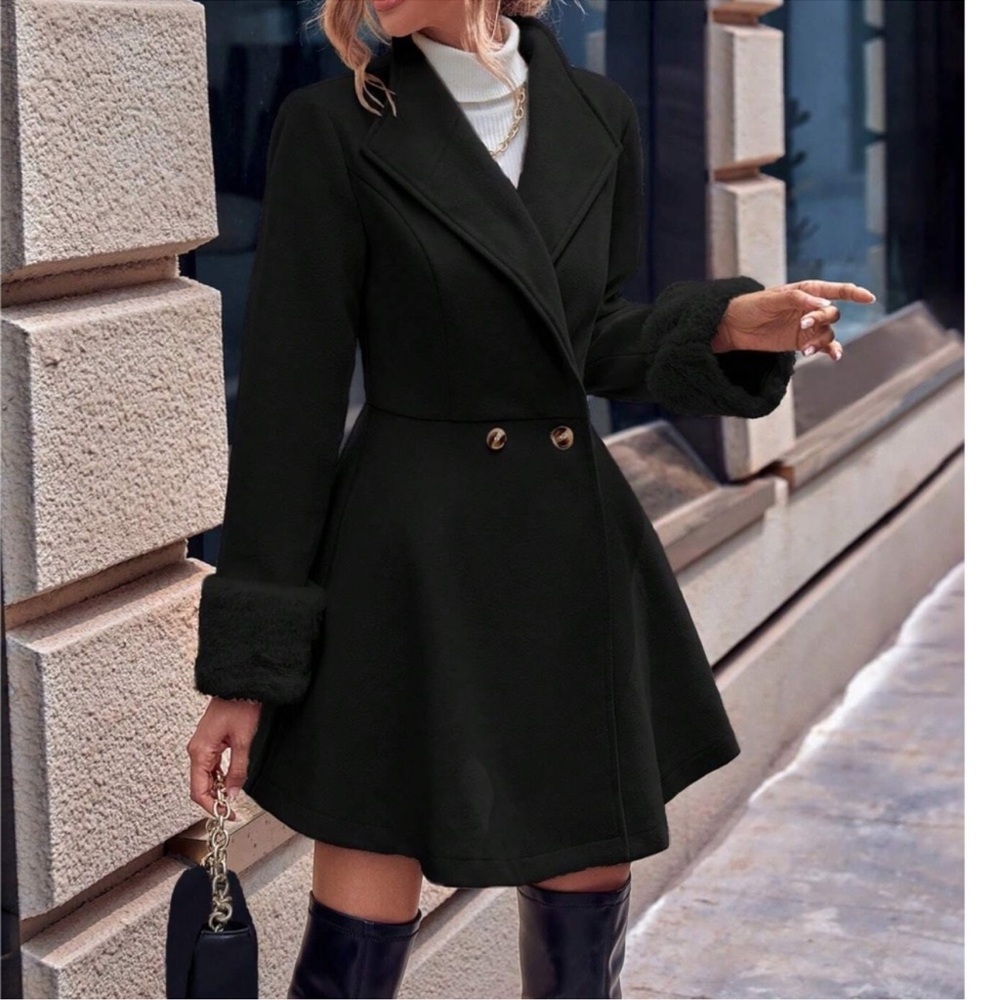 Classic Vegan Fur Double Breasted Flared Hem Jacket Coat XS S M L XL